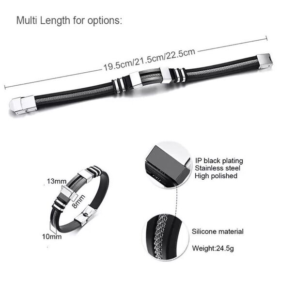 💎OS04.33💎 Gorgeous Black Silicone Stainless Steel Women’s Mens Unisex Bracelet - Picture 16 of 17